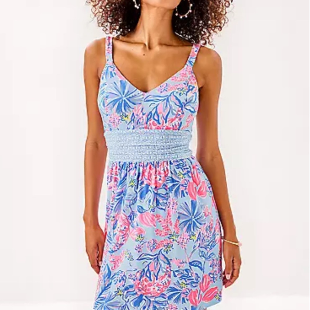 Lilly Pulitzer Light Blue & Pink Floral Smocked Waist Swim Coverup